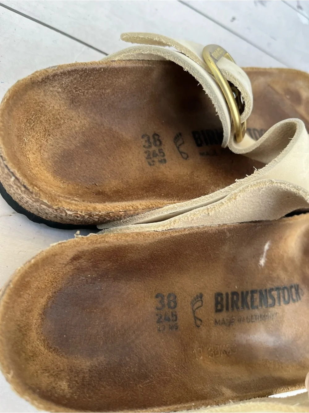 Birkenstock White Suede Thong Sandals with Gold Buckles